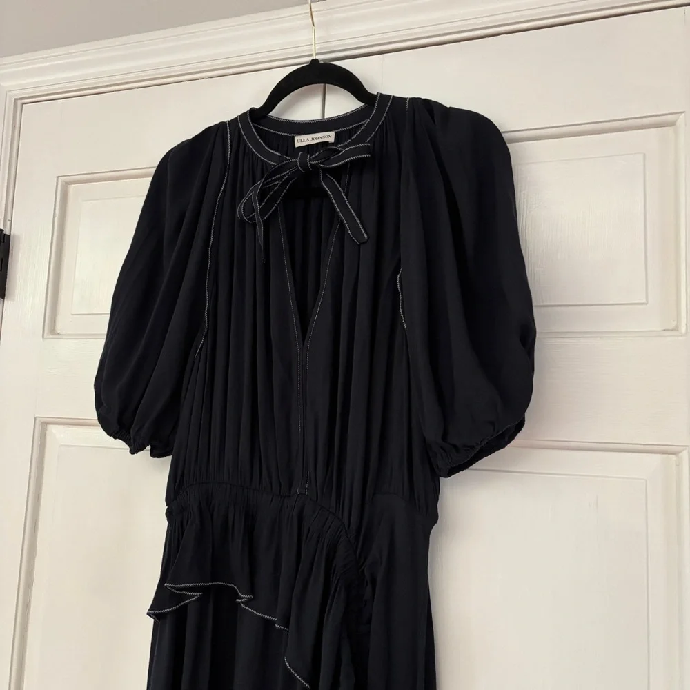 Ulla Johnson Leah Dress Noir Black Midi Puff Sleeve Contrast‎ Trim Size 10 Tie - Picture 11 of 16